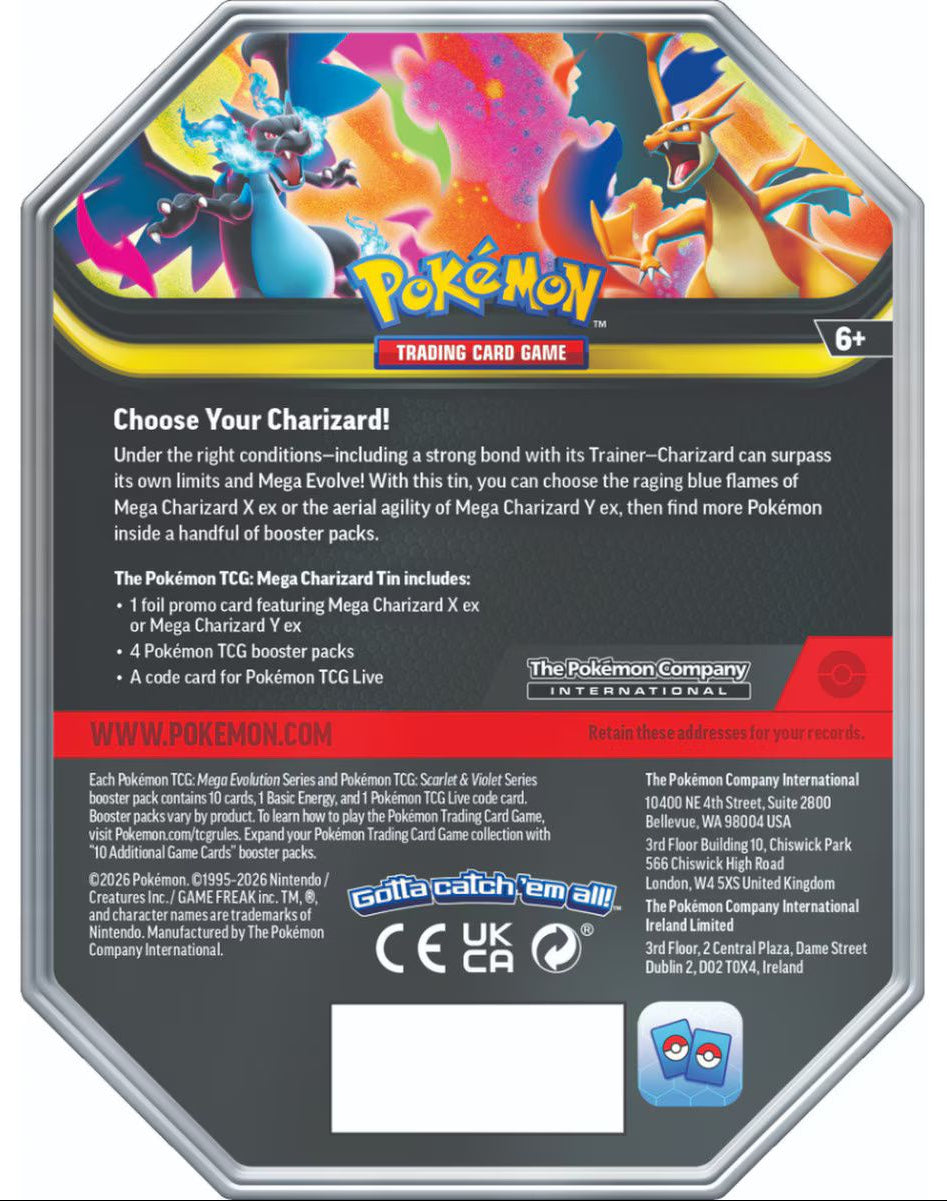 Pokémon Mega Charizard Y Tin back view with contents info