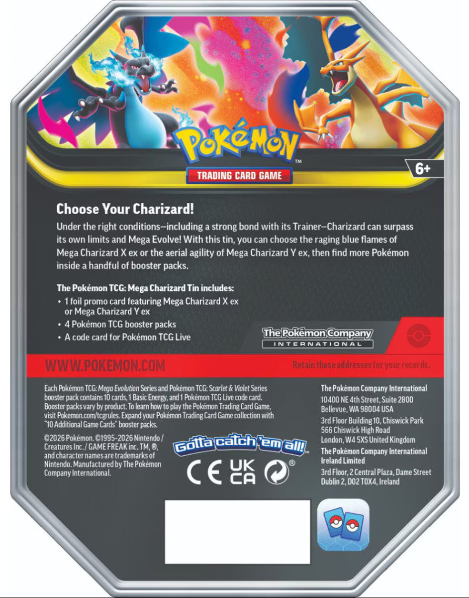 Pokémon Mega Charizard X Tin back view with contents info
